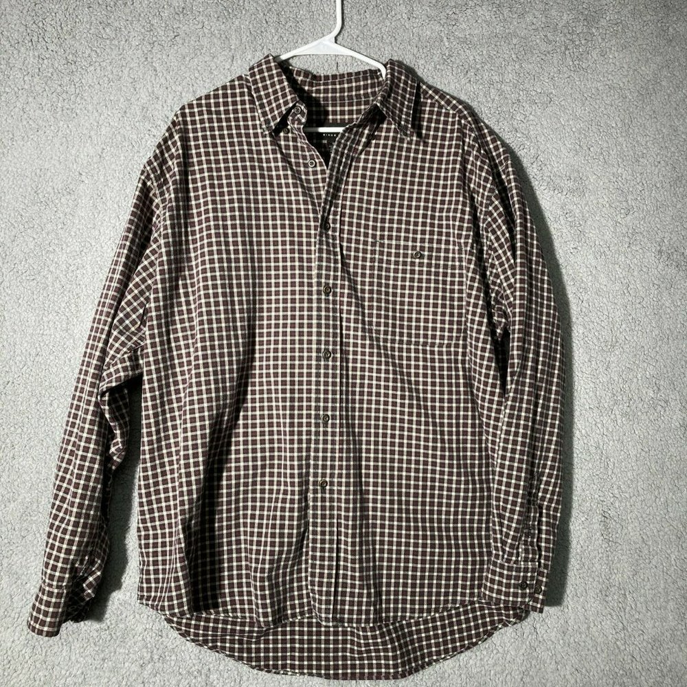 EDDIE BAUER XL Mens Red Green Tan Checked Long Sleeve Button Down 100% Cotton